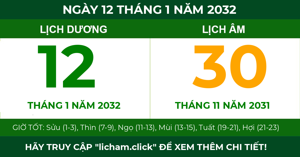 lịch âm ngày 12 tháng 1 năm 2032