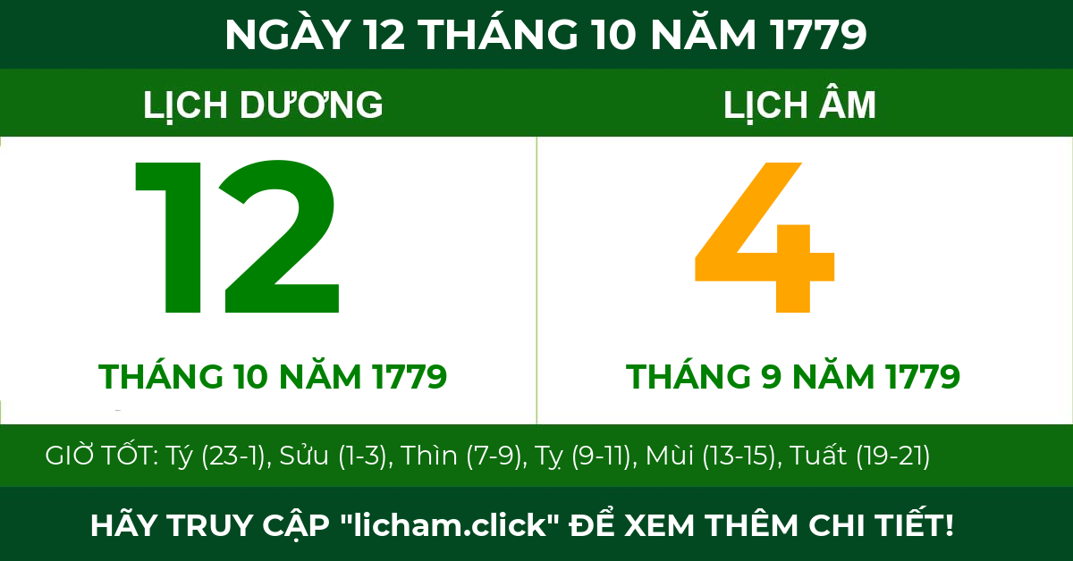 lịch âm ngày 12 tháng 10 năm 1779
