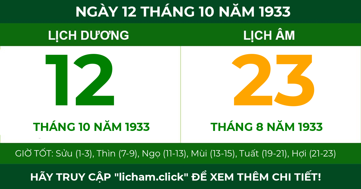 lịch âm ngày 12 tháng 10 năm 1933