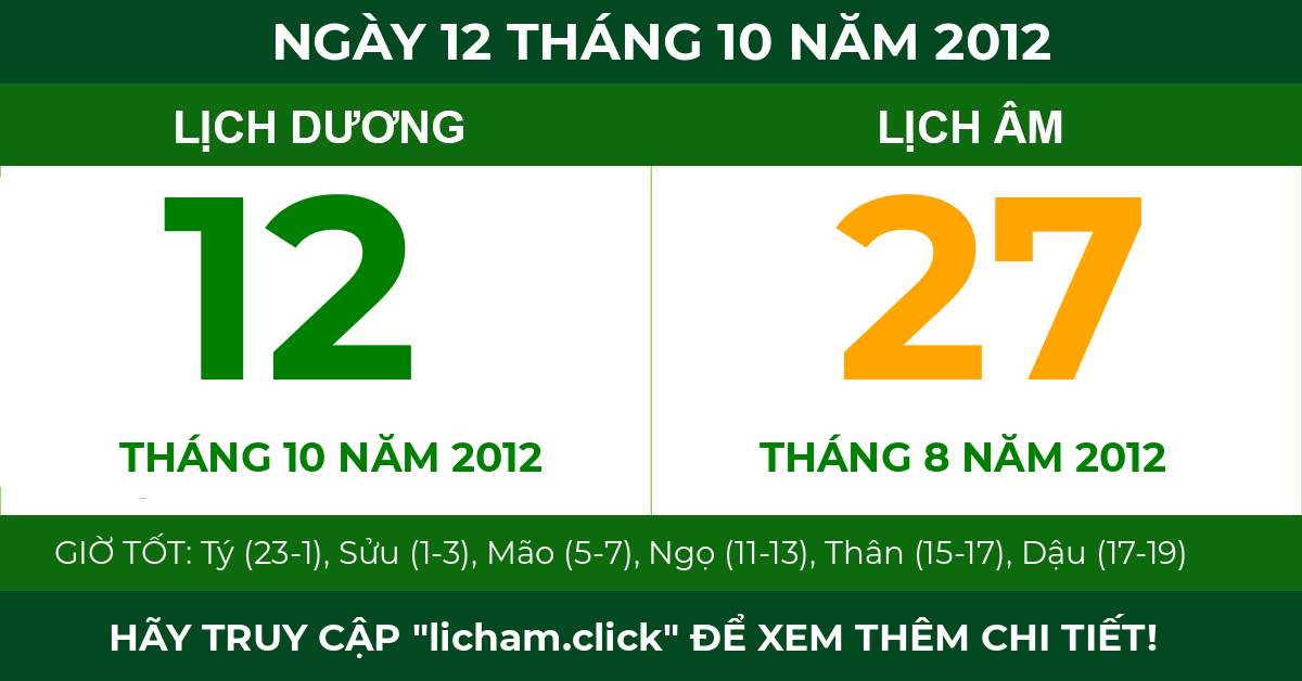 lịch âm ngày 12 tháng 10 năm 2012