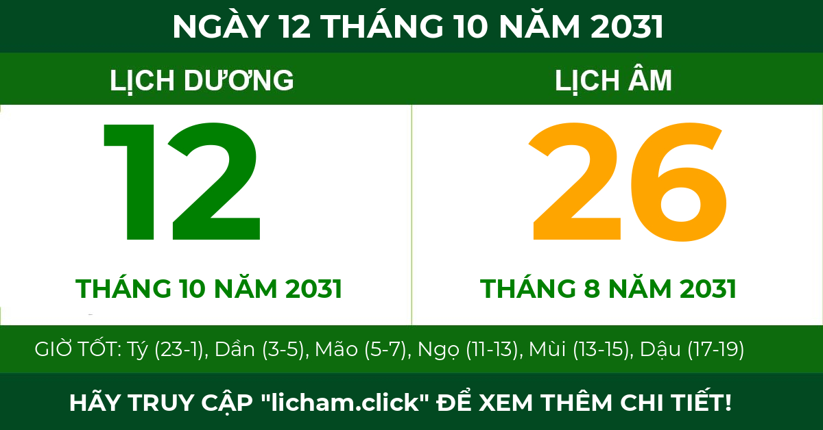 lịch âm ngày 12 tháng 10 năm 2031