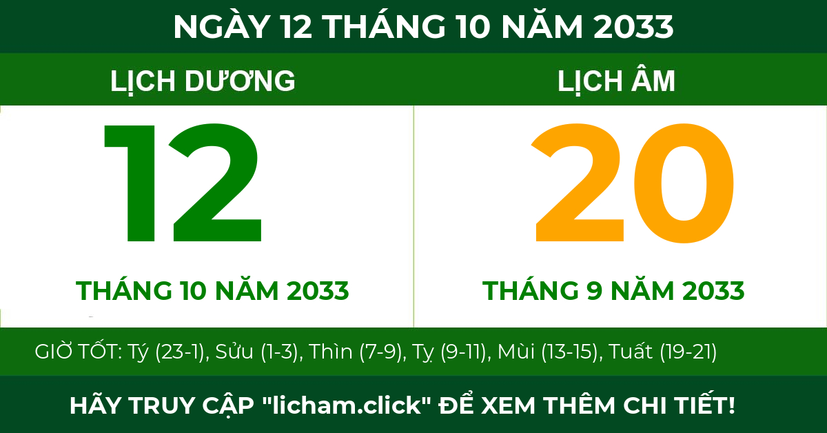 lịch âm ngày 12 tháng 10 năm 2033