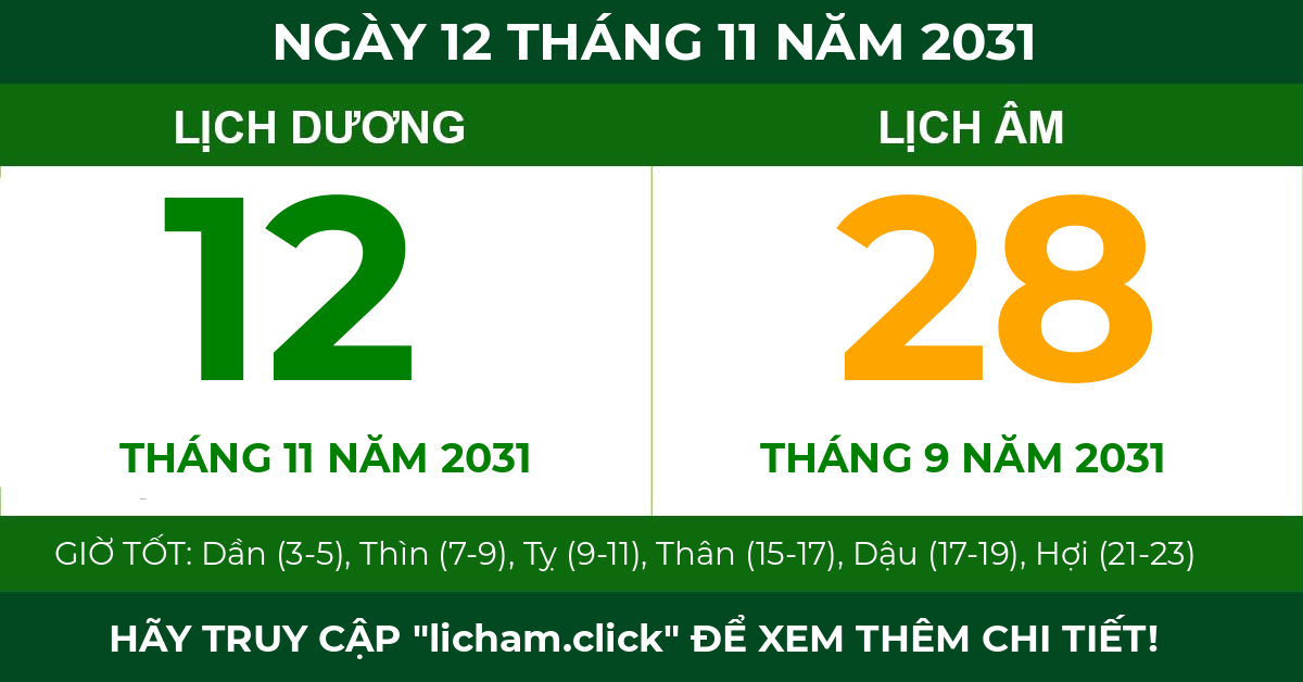 lịch âm ngày 12 tháng 11 năm 2031