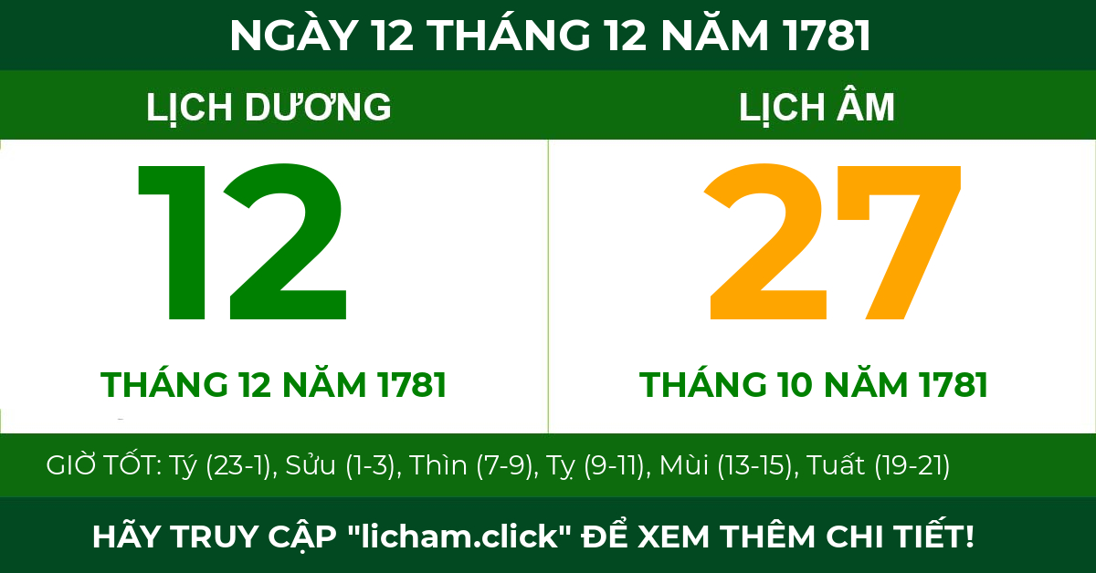 lịch âm ngày 12 tháng 12 năm 1781