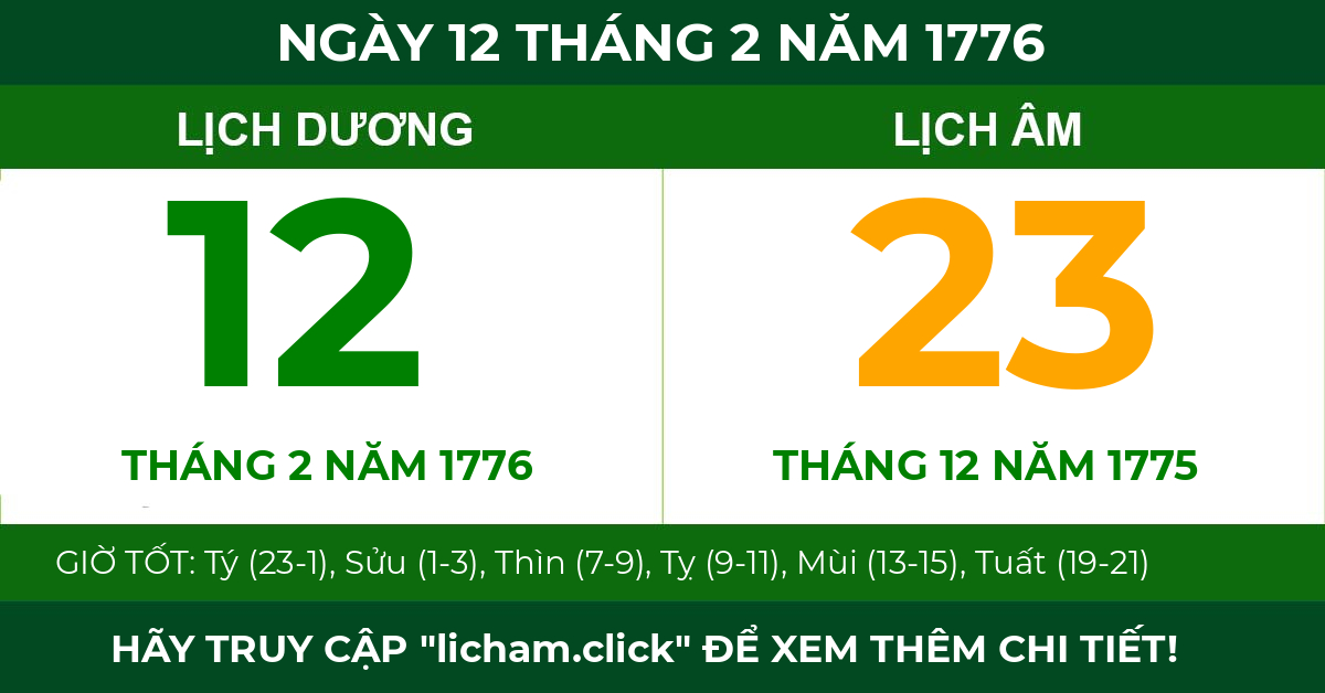 lịch âm ngày 12 tháng 2 năm 1776