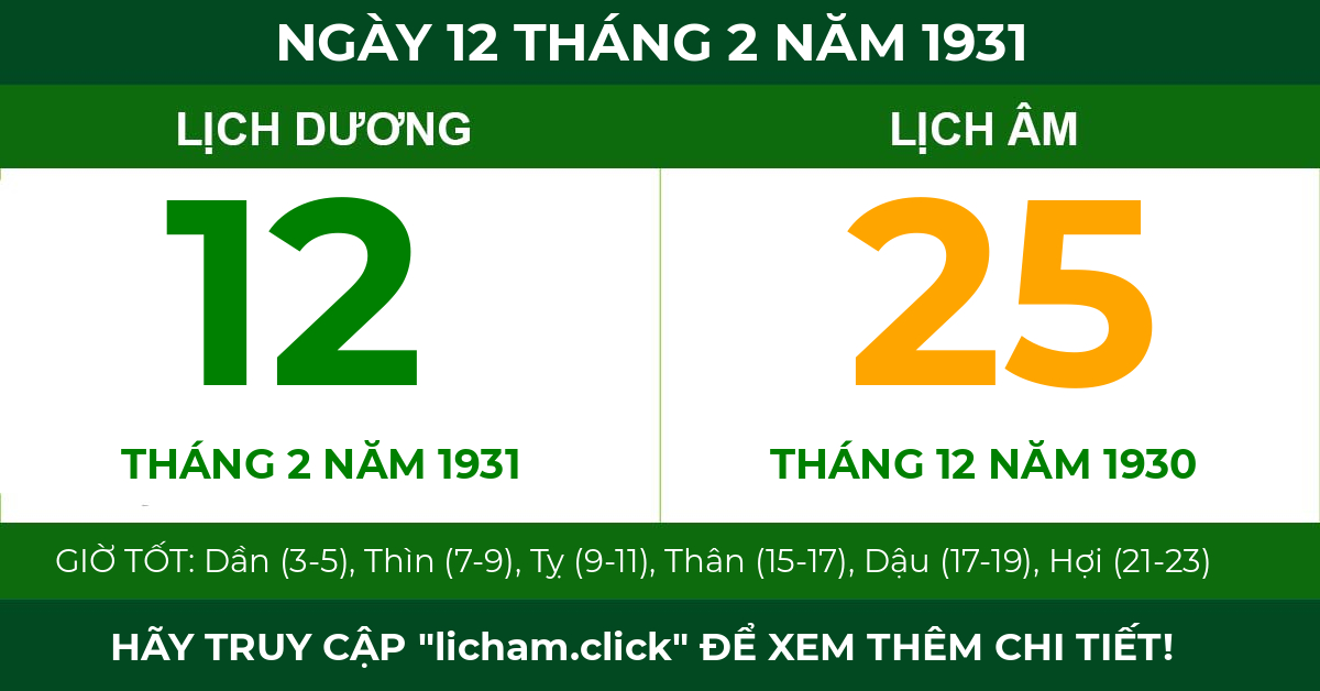 lịch âm ngày 12 tháng 2 năm 1931