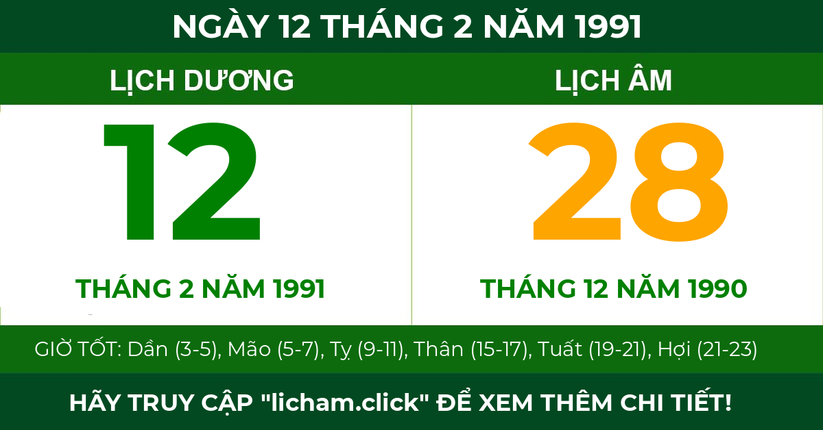 lịch âm ngày 12 tháng 2 năm 1991