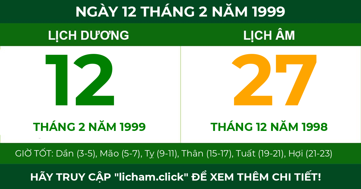 lịch âm ngày 12 tháng 2 năm 1999