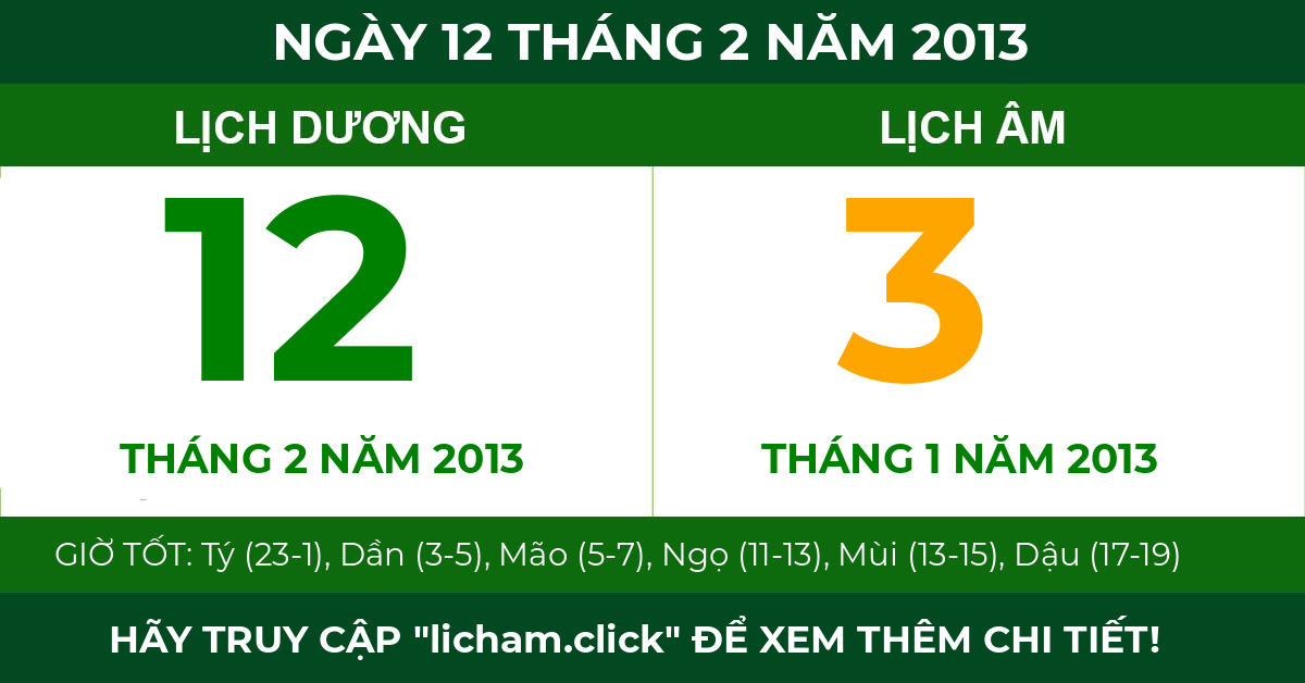 lịch âm ngày 12 tháng 2 năm 2013