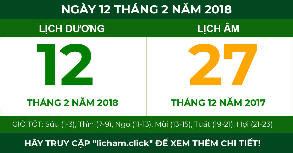 lịch âm ngày 12 tháng 2 năm 2018