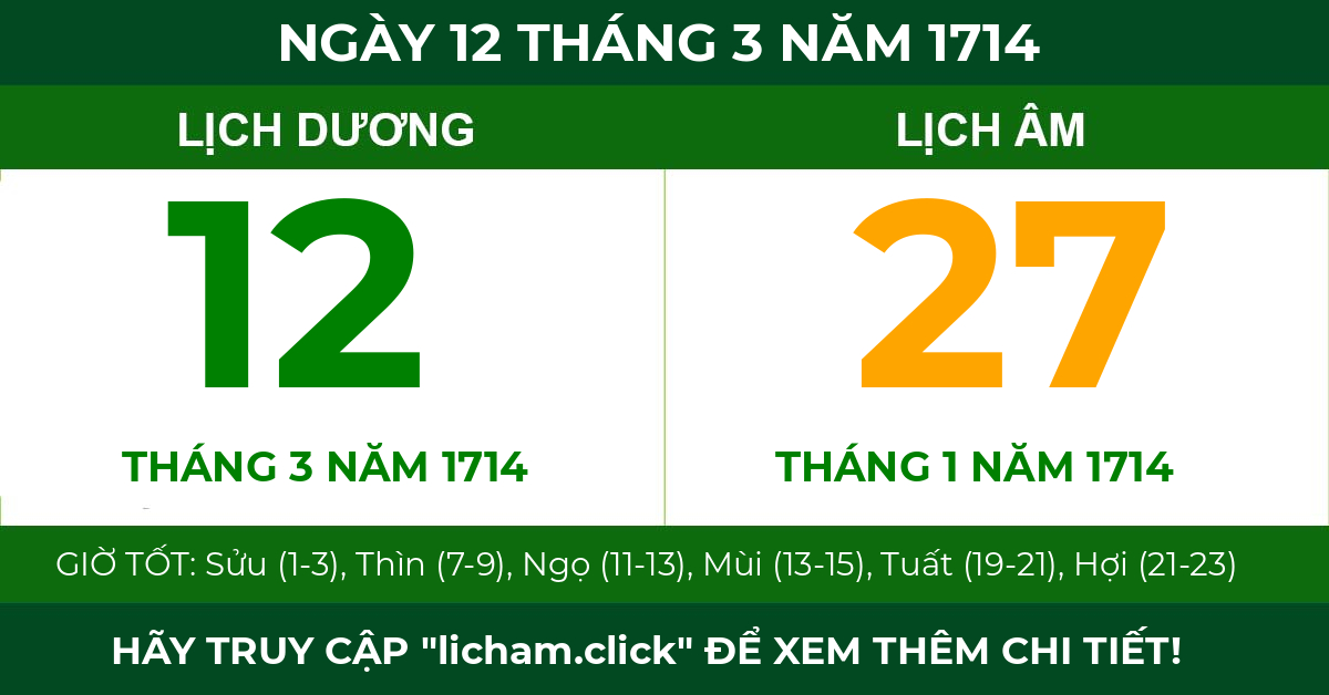 lịch âm ngày 12 tháng 3 năm 1714