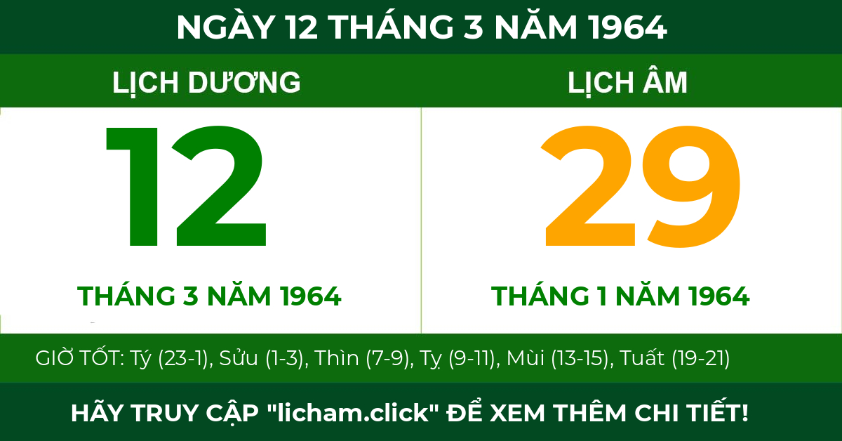 lịch âm ngày 12 tháng 3 năm 1964