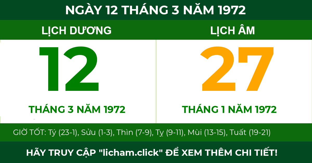 lịch âm ngày 12 tháng 3 năm 1972