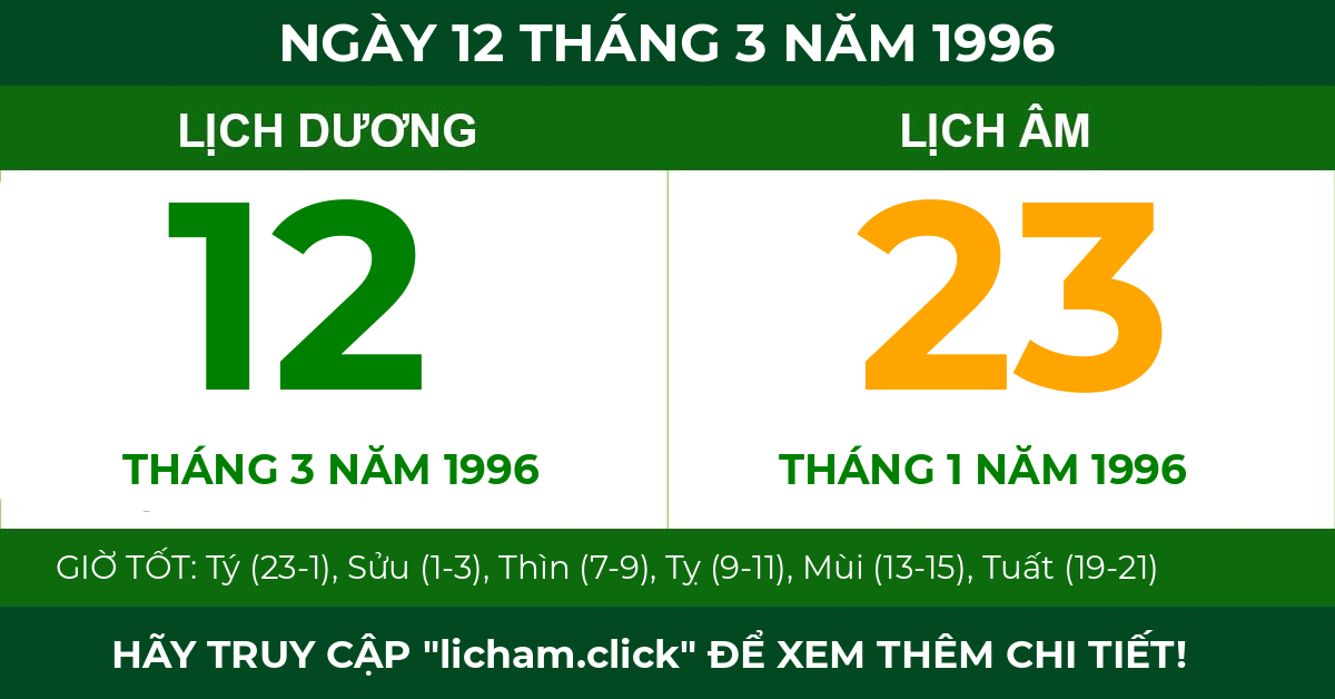 lịch âm ngày 12 tháng 3 năm 1996