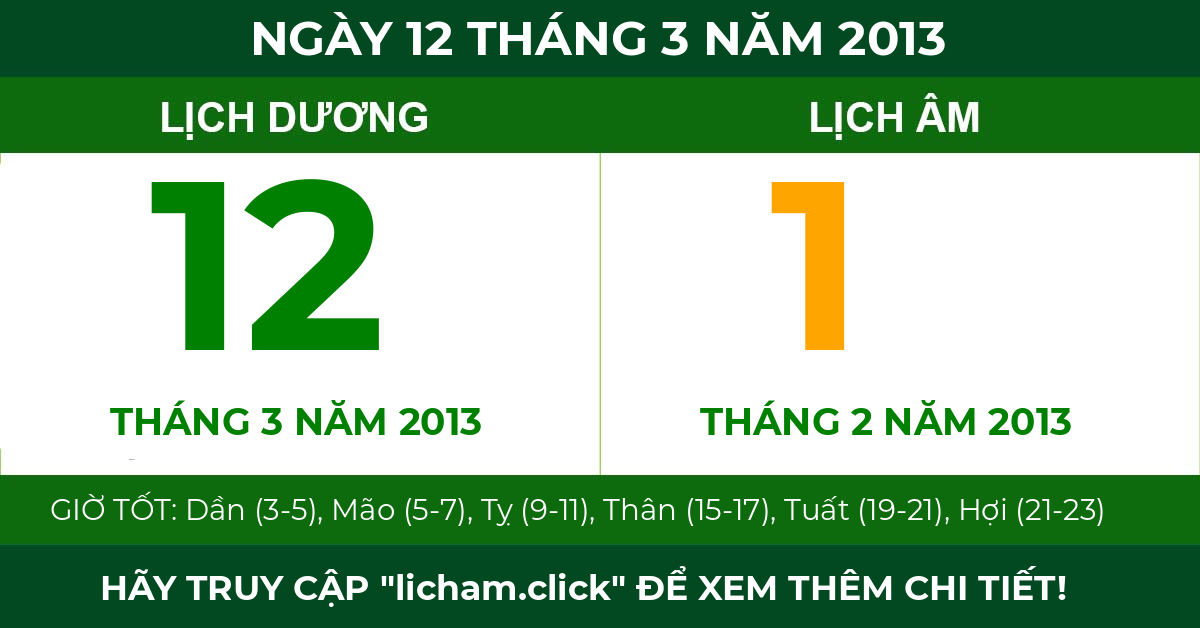 lịch âm ngày 12 tháng 3 năm 2013