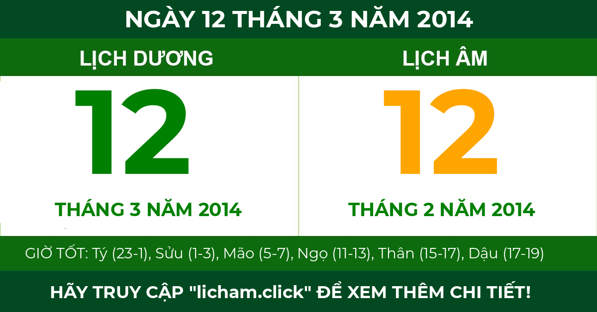 lịch âm ngày 12 tháng 3 năm 2014