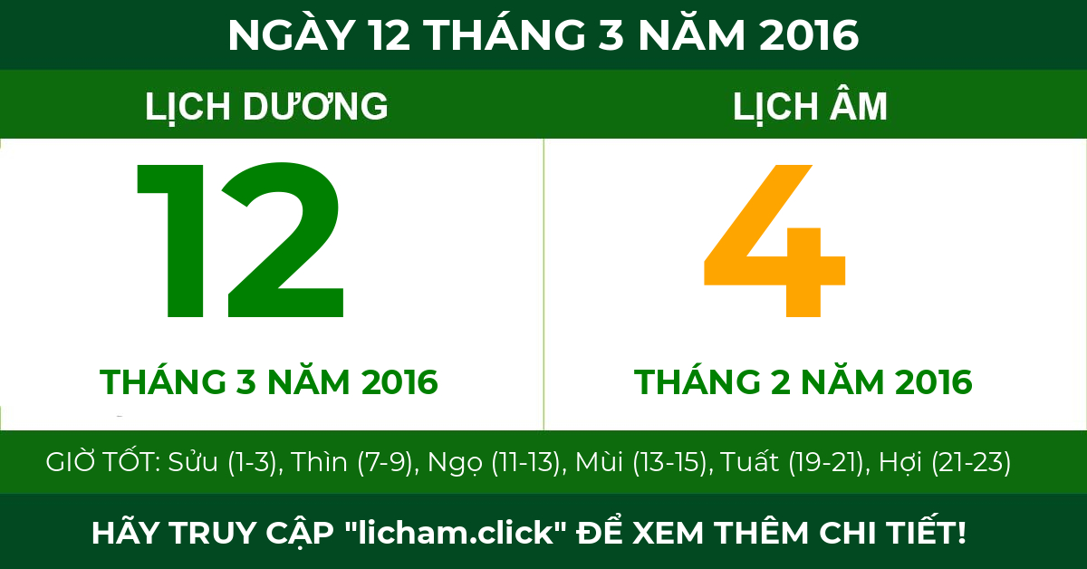 lịch âm ngày 12 tháng 3 năm 2016
