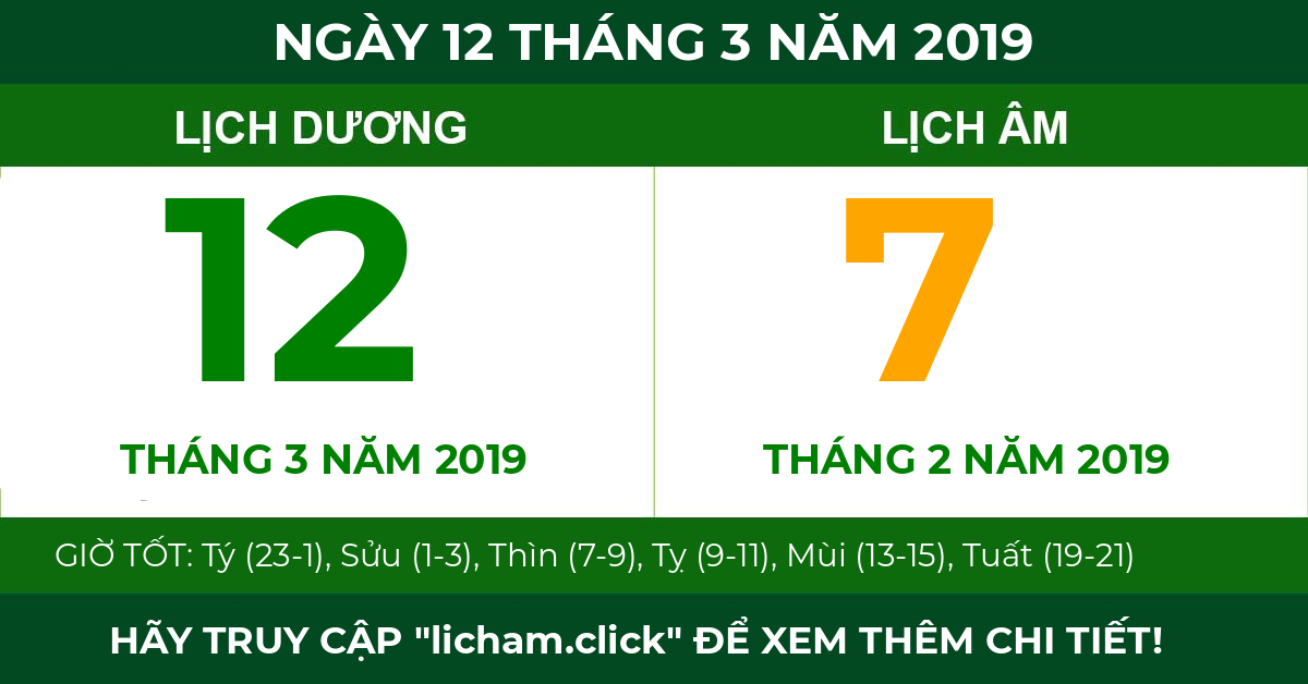 lịch âm ngày 12 tháng 3 năm 2019