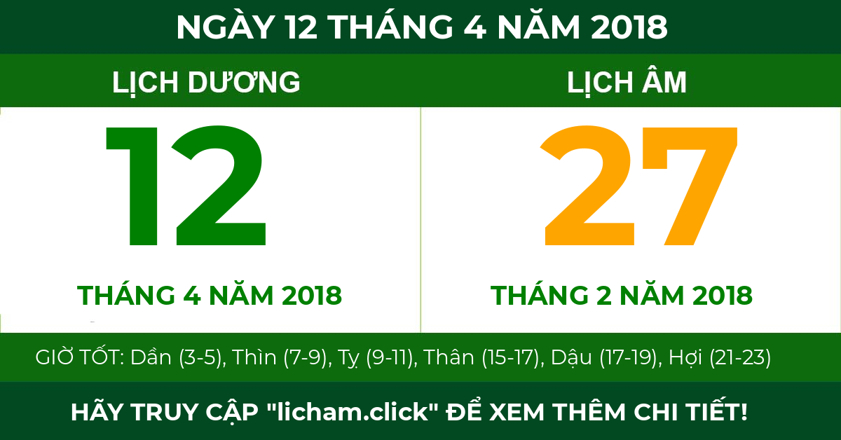 lịch âm ngày 12 tháng 4 năm 2018