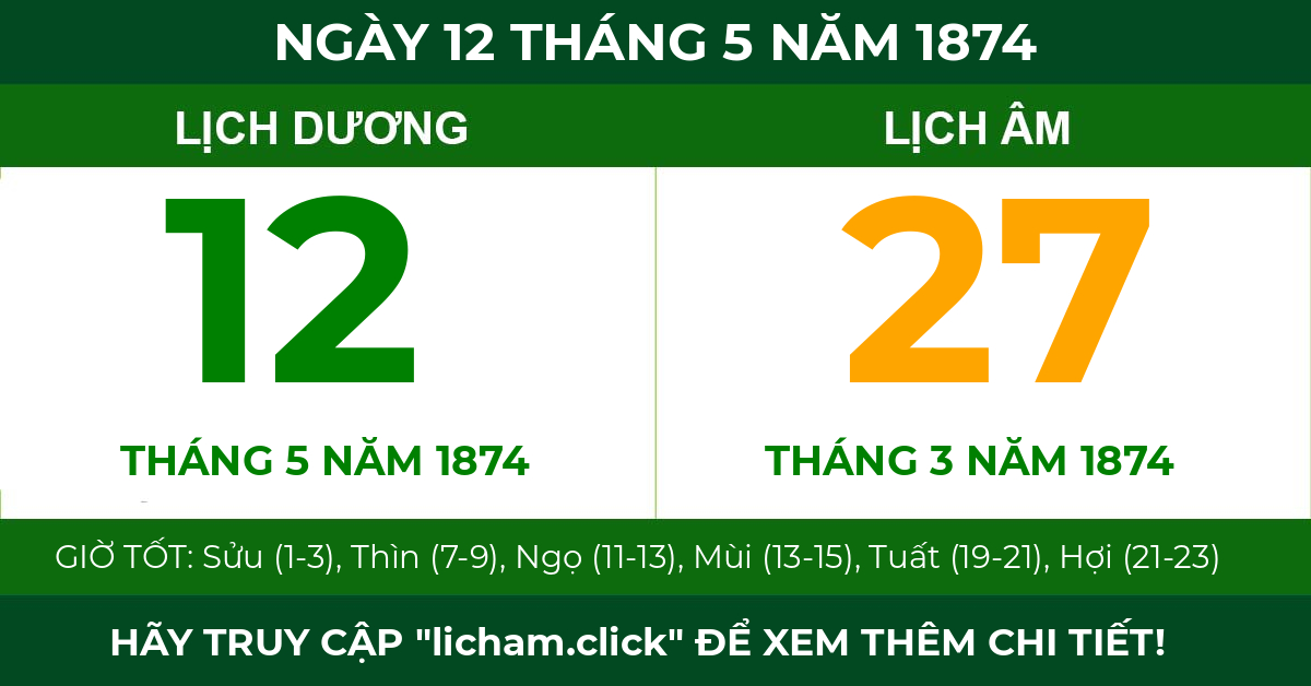 lịch âm ngày 12 tháng 5 năm 1874