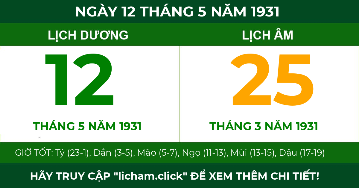 lịch âm ngày 12 tháng 5 năm 1931