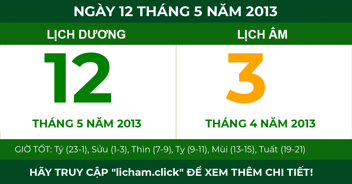 lịch âm ngày 12 tháng 5 năm 2013
