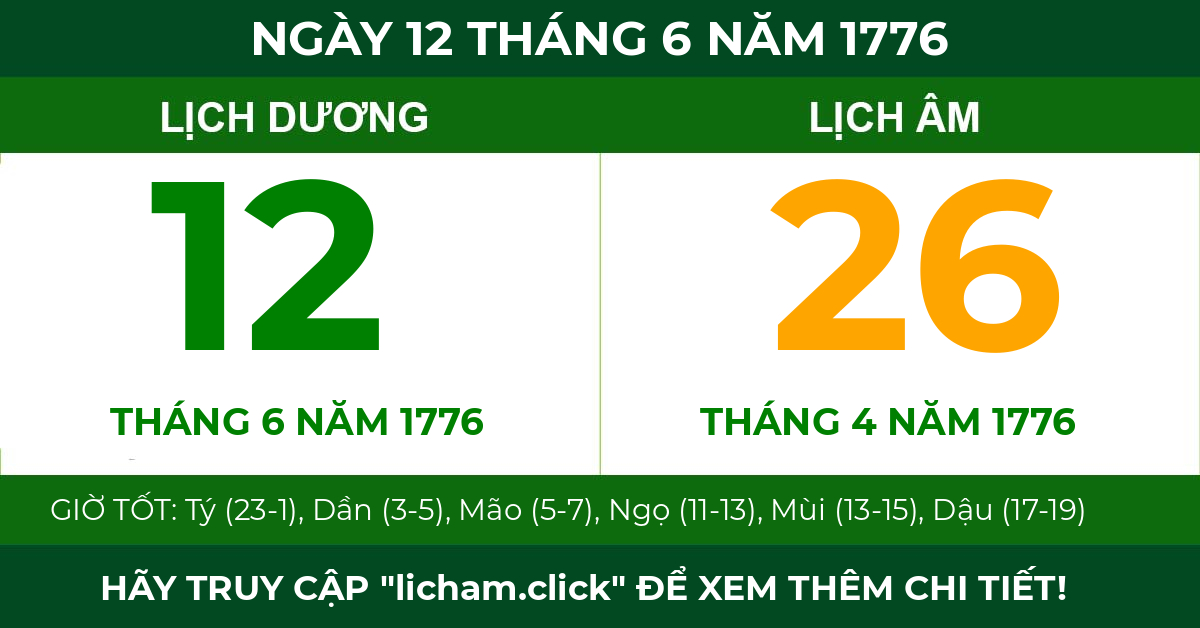 lịch âm ngày 12 tháng 6 năm 1776