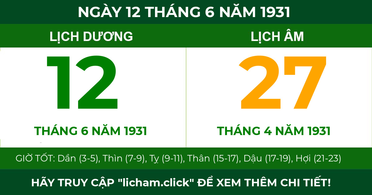 lịch âm ngày 12 tháng 6 năm 1931