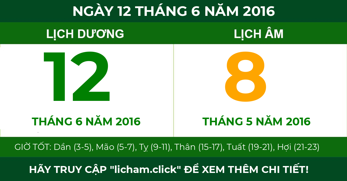 lịch âm ngày 12 tháng 6 năm 2016