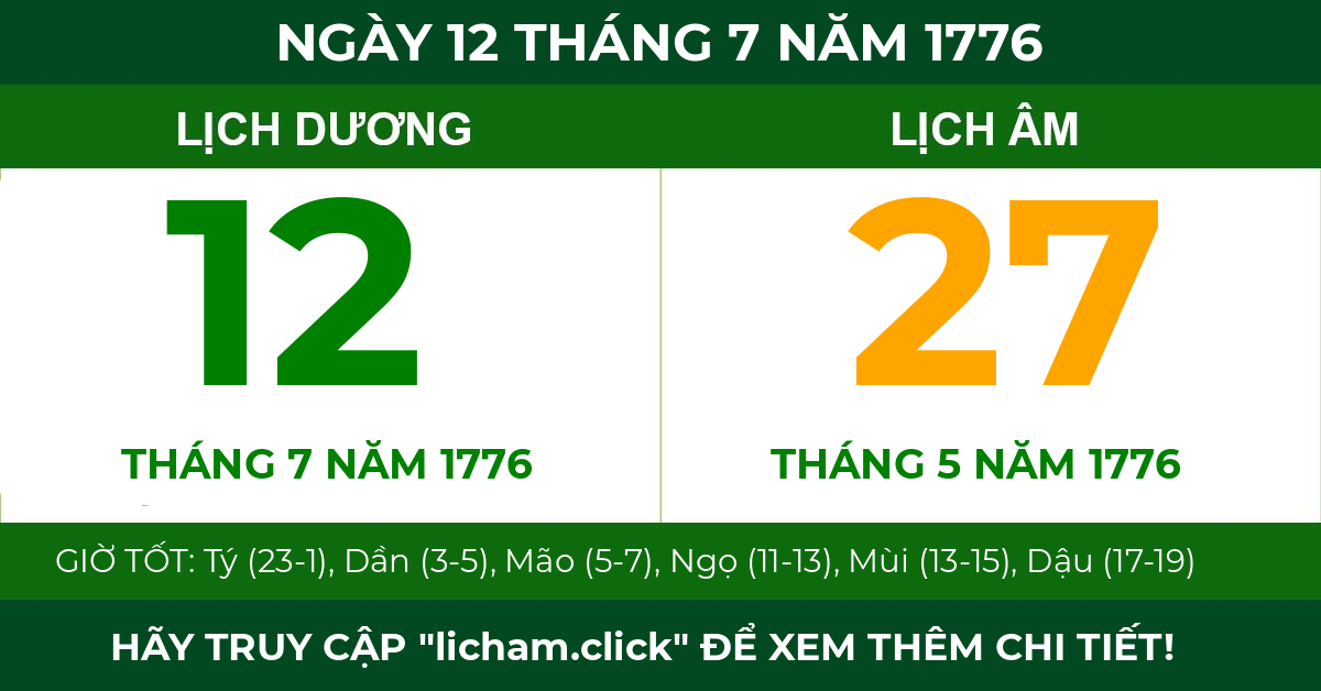 lịch âm ngày 12 tháng 7 năm 1776