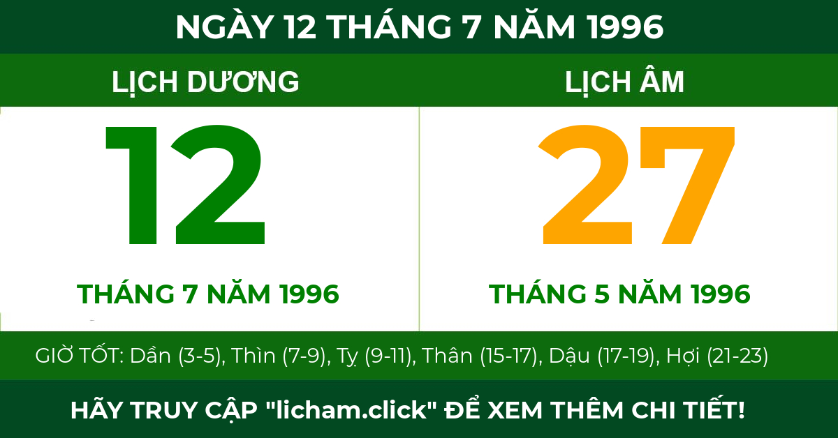 lịch âm ngày 12 tháng 7 năm 1996