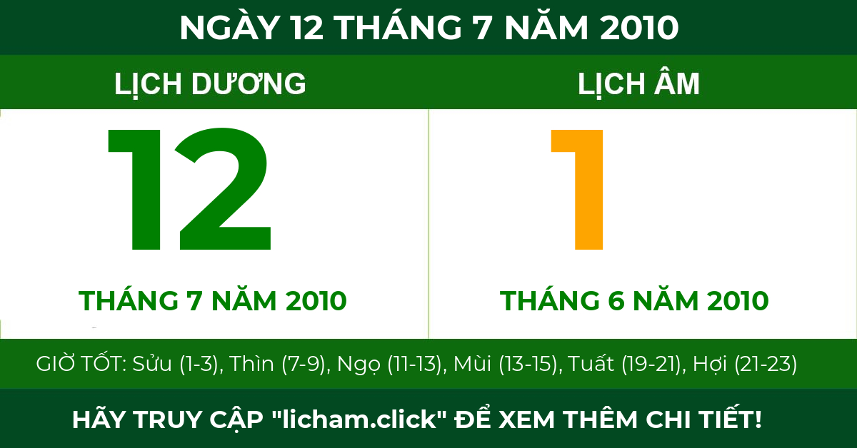 lịch âm ngày 12 tháng 7 năm 2010