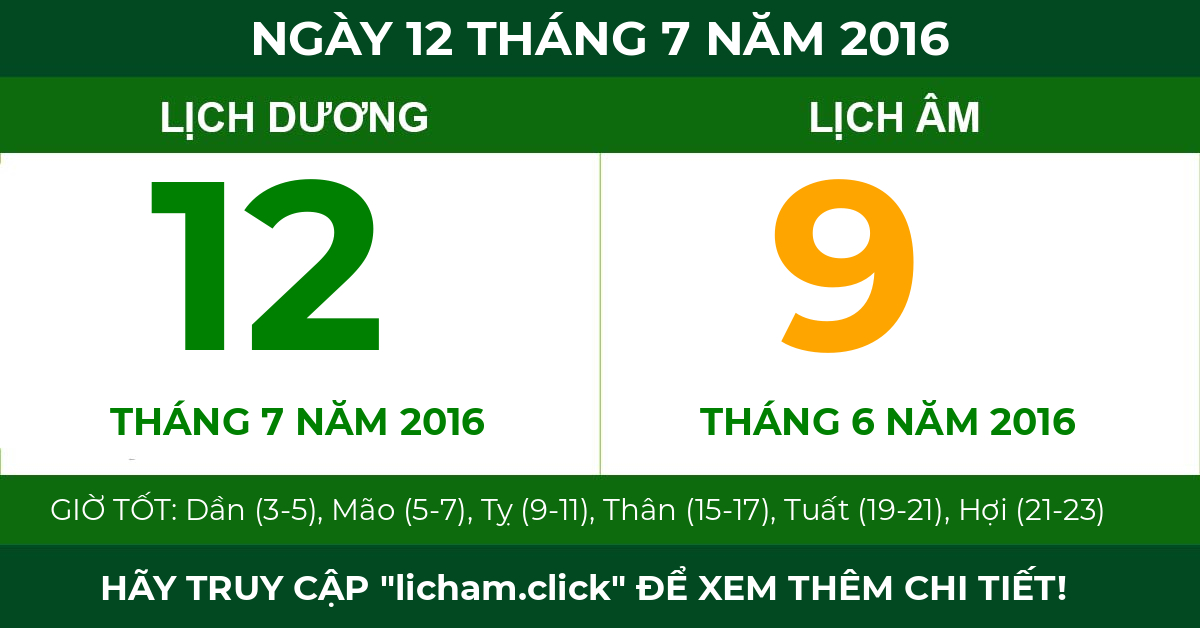 lịch âm ngày 12 tháng 7 năm 2016