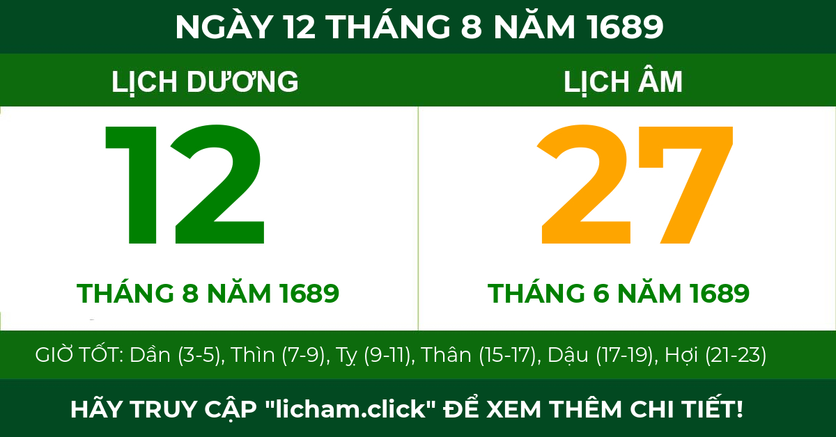 lịch âm ngày 12 tháng 8 năm 1689