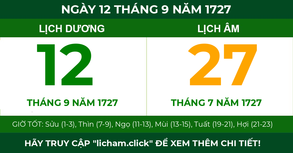 lịch âm ngày 12 tháng 9 năm 1727