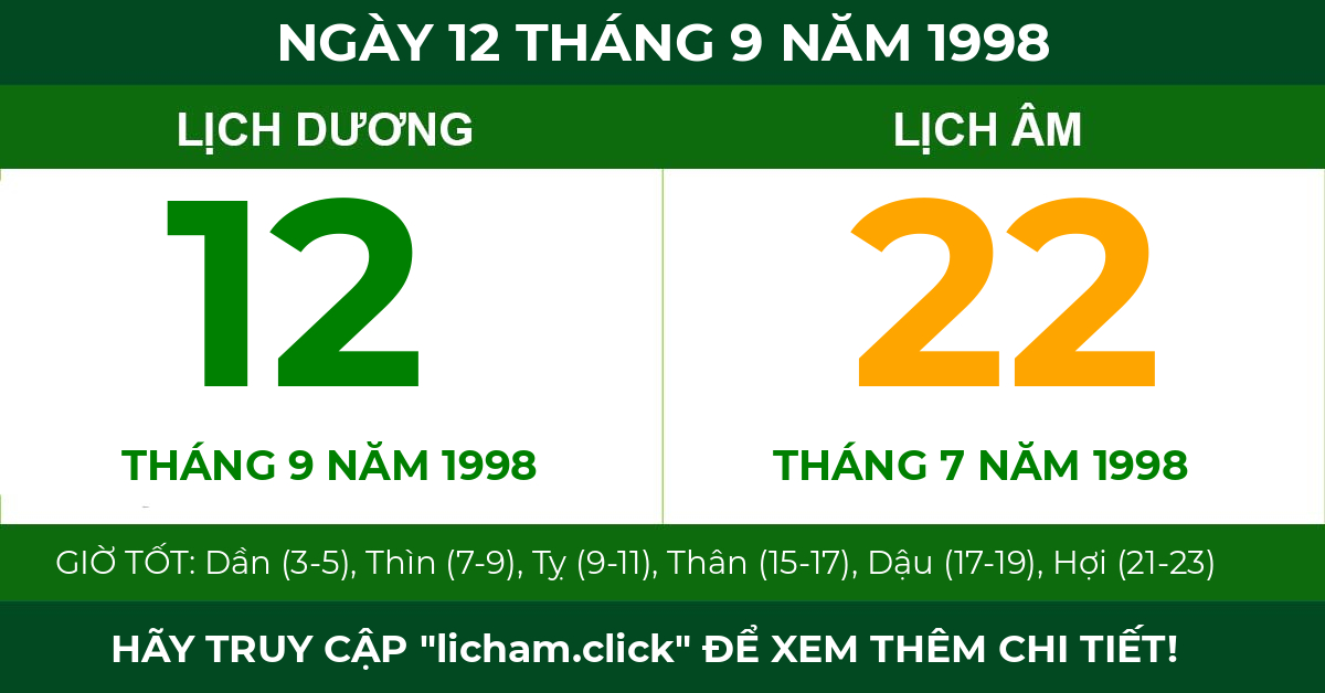 lịch âm ngày 12 tháng 9 năm 1998