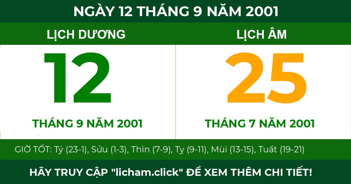 lịch âm ngày 12 tháng 9 năm 2001