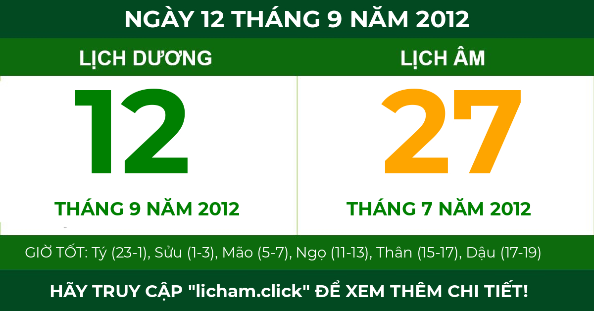 lịch âm ngày 12 tháng 9 năm 2012