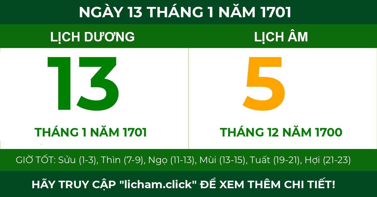 lịch âm ngày 13 tháng 1 năm 1701