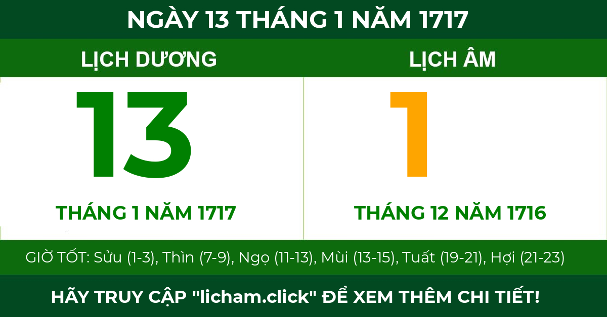lịch âm ngày 13 tháng 1 năm 1717