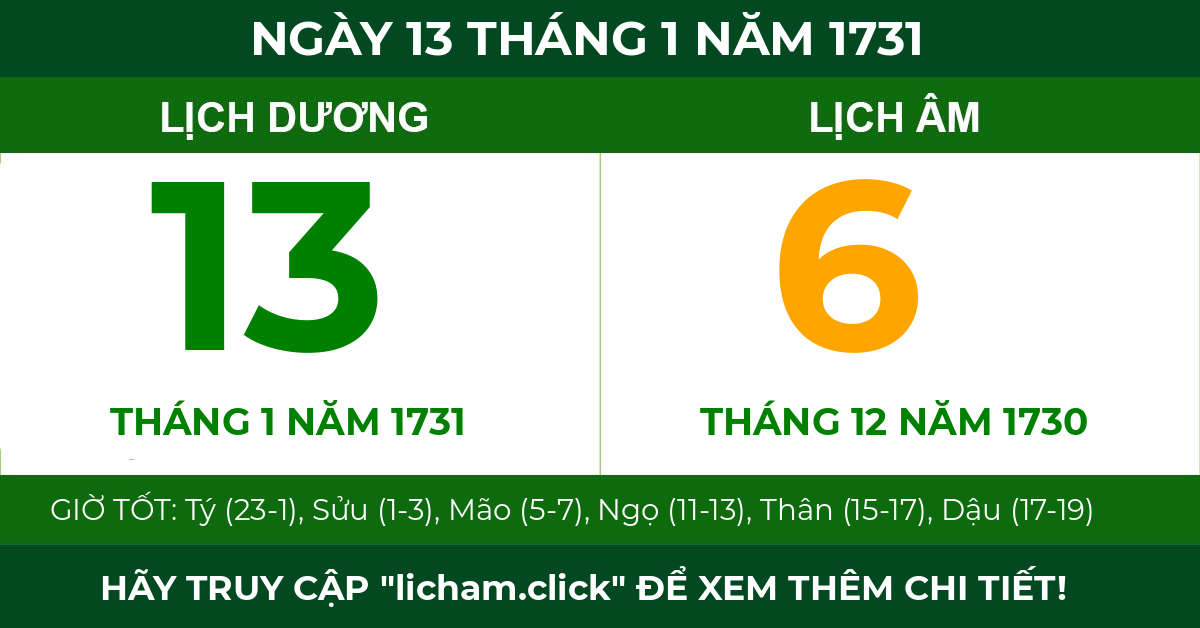 lịch âm ngày 13 tháng 1 năm 1731