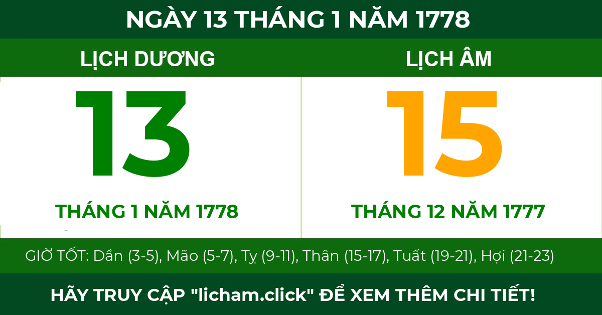 lịch âm ngày 13 tháng 1 năm 1778