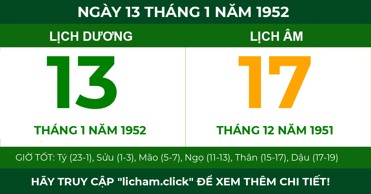 lịch âm ngày 13 tháng 1 năm 1952