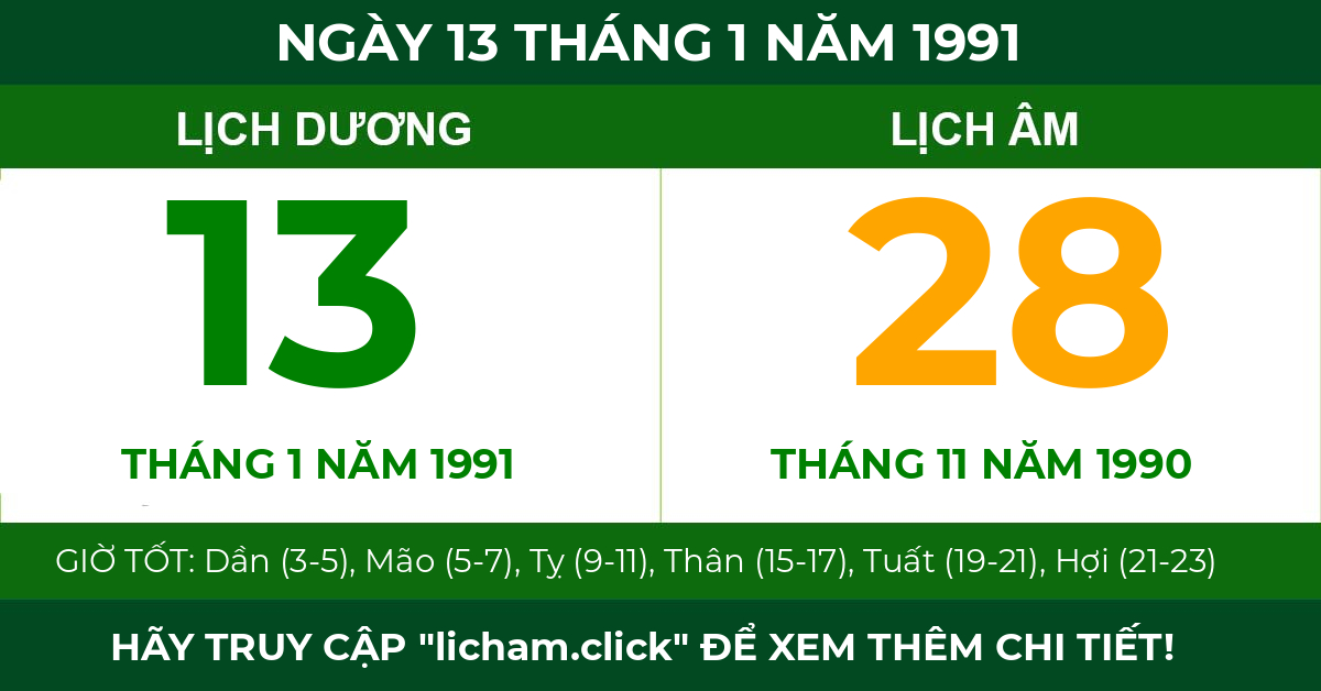 lịch âm ngày 13 tháng 1 năm 1991
