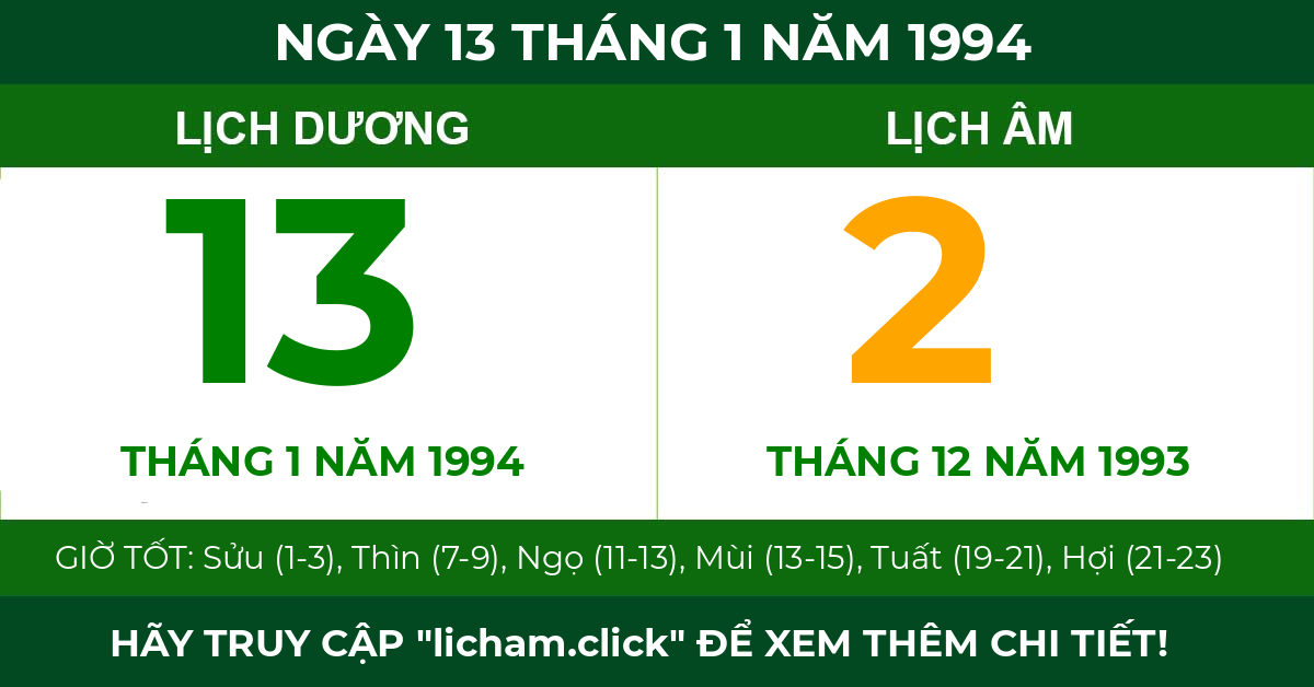 lịch âm ngày 13 tháng 1 năm 1994