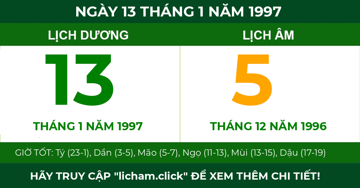 lịch âm ngày 13 tháng 1 năm 1997