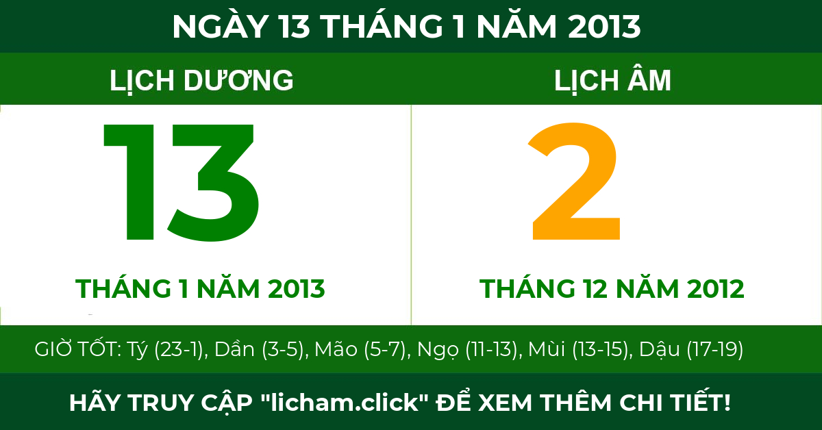 lịch âm ngày 13 tháng 1 năm 2013