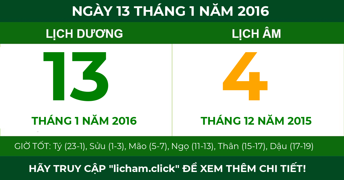 lịch âm ngày 13 tháng 1 năm 2016