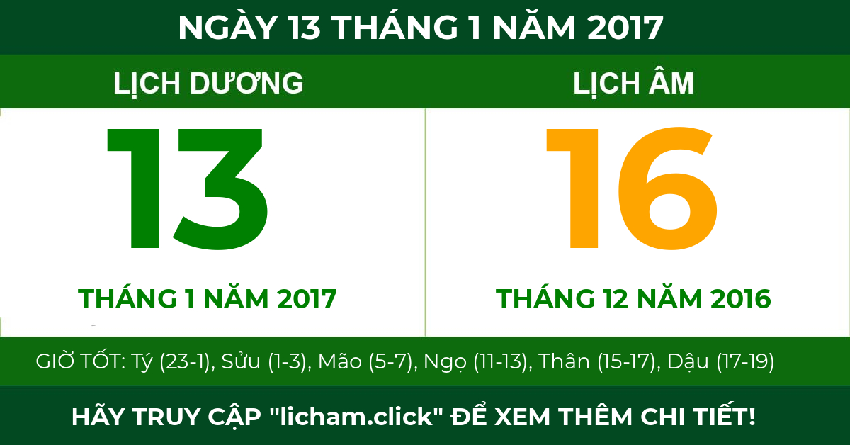 lịch âm ngày 13 tháng 1 năm 2017