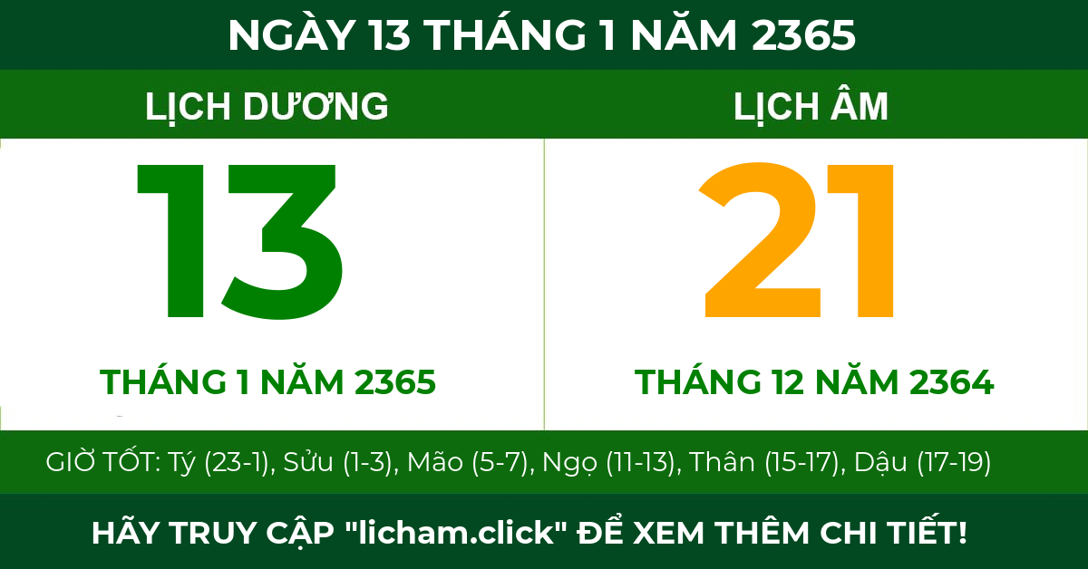 lịch âm ngày 13 tháng 1 năm 2365